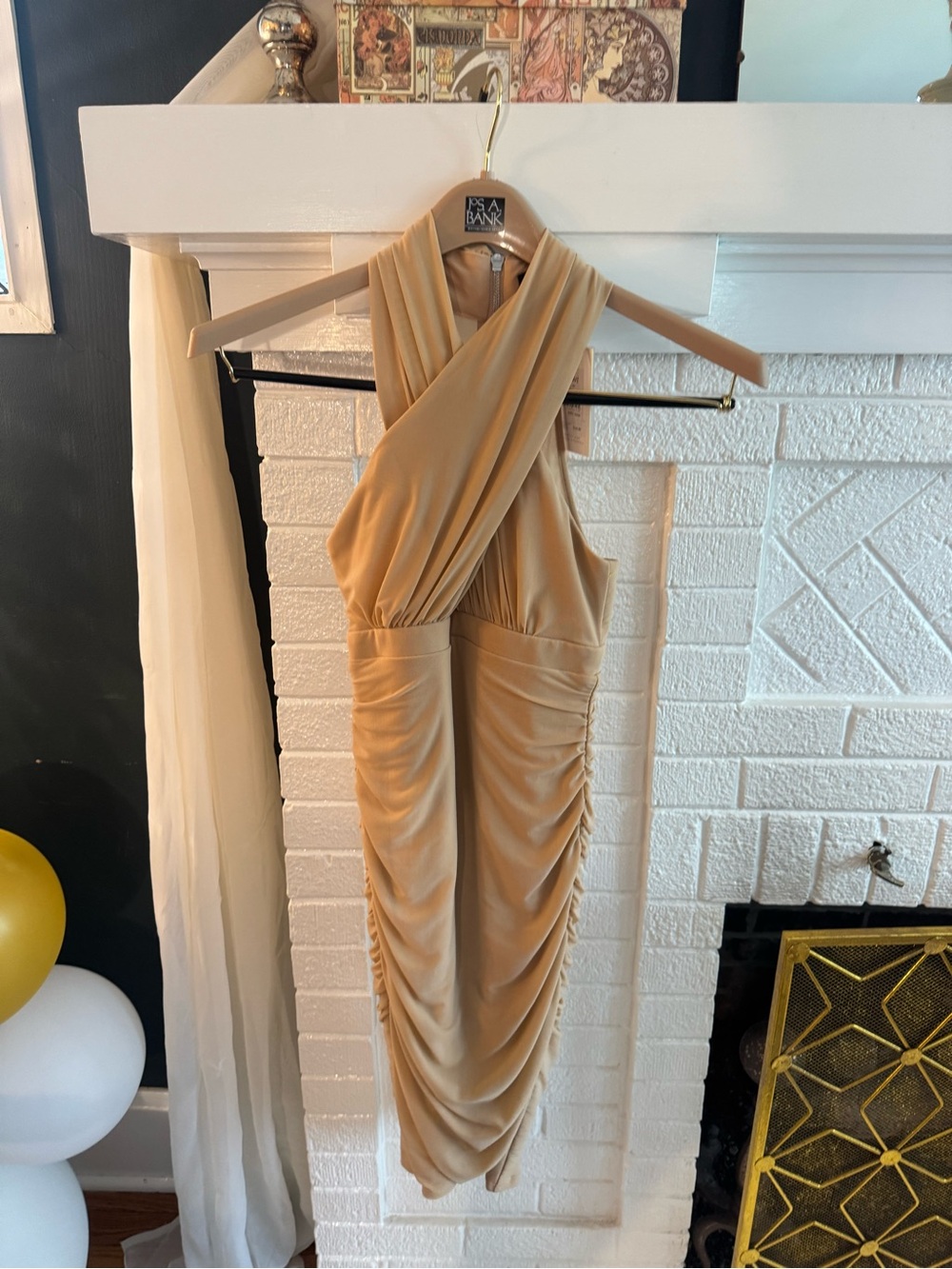 NWT Elegant Nude Bardōt Cross-Front Ruched Midi Dress With Sheer back